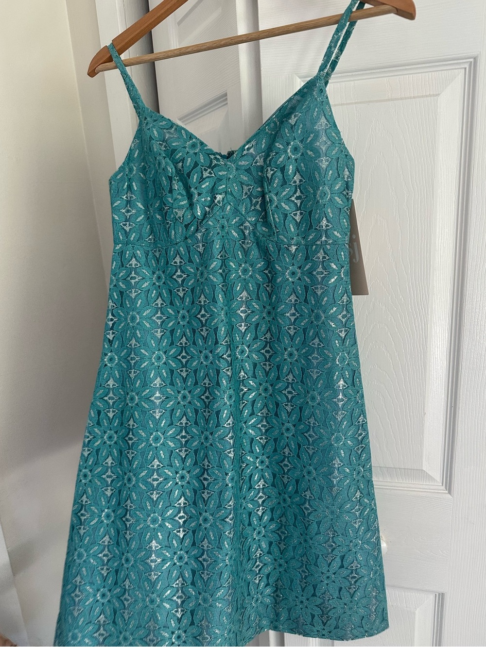 Vintage 1960s Aqua Metallic Lace Mod Mini Dress XS